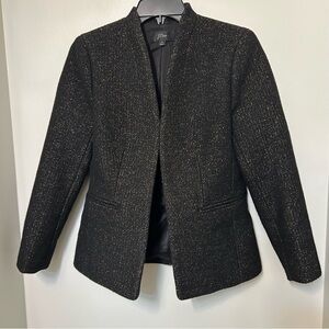 J Crew 4 Black Wool Dress Coat Open Front Pockets All Over Gold Sparkle Holiday